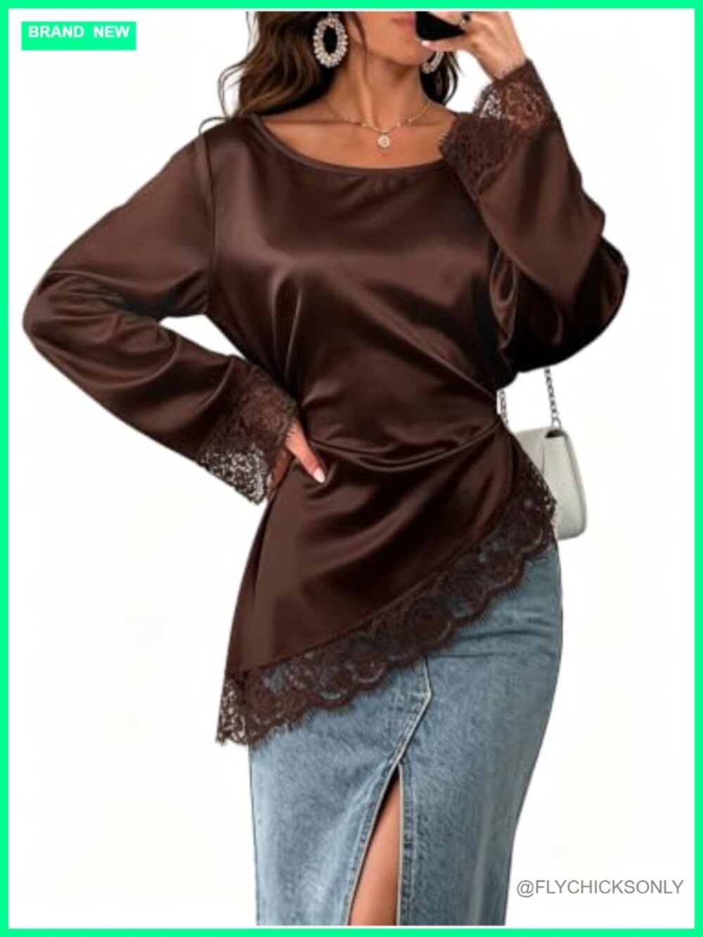 Women's Lace Satin Blouse Long Sleeve Asymmetrical Top with Belt